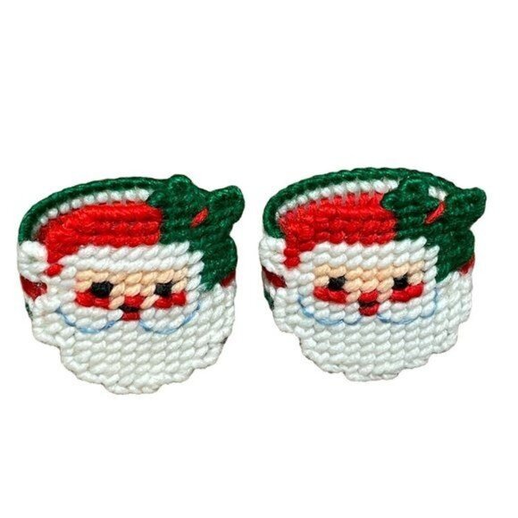 VTG Santa Claus Handmade Plastic Canvas Coasters Napkin Rings Set of 6 - Picture 10 of 11